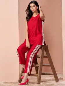 Sangria Embroidered Pure Silk Top & Trousers Co-Ords