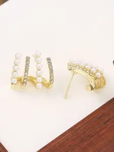 KRENOZ Gold-Plated Artificial Stones Studded & Beaded Triple Hoop Contemporary Studs