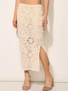 ONLY Wiomen Floral Self Design Embroidered Pure Cotton Pencil Midi Skirt