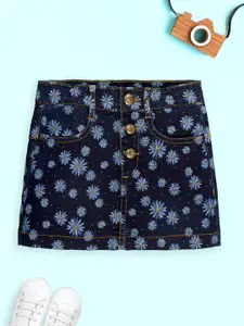 KiddoPanti Girls Floral Printed A-Line Above Knee Denim Skirt