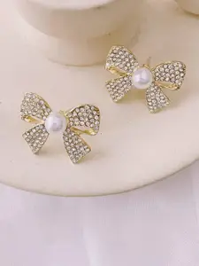VAGHBHATT Gold-Plated Stones Studded & Pearls Beaded Bow Shaped Studs