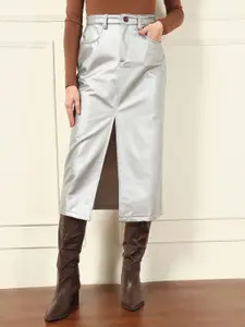 TANDUL Women Silver Straight Front Slit Detail Midi Skirt