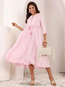 all about you Women Tie-Up Neck Fit & Flare Three-Quarter Dress