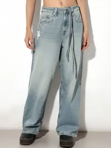 ONLY Women Wide Leg Mid-Rise Mildly Distressed Light Fade Cotton Jeans