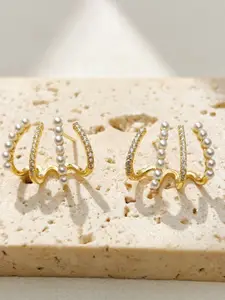 KRENOZ Gold-Plated Artificial Stones Studded & Beaded Triple Hoop Contemporary Studs