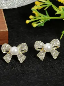 VAGHBHATT Gold-Plated Stones Studded & Pearls Beaded Bow Shaped Studs