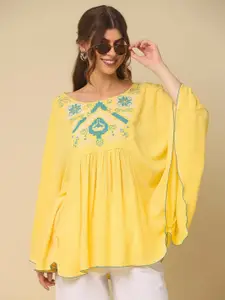 Atha Fashion Elara Mist Women Floral Embroidered Flared Sleeves Pure Cotton Kaftan Kurti