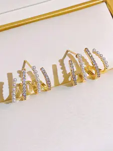 KRENOZ Gold-Plated Artificial Stones Studded & Beaded Triple Hoop Contemporary Studs