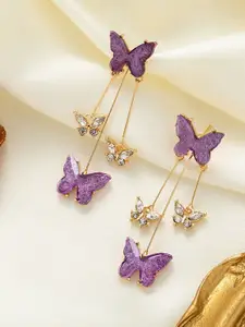KRENOZ Gold-Plated Stones Studded Butterfly Shaped Tasselled Drop Earrings