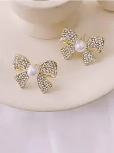 KRENOZ Gold-Plated Pearls & Artificial Stones Studded Beaded Bow Shaped Studs