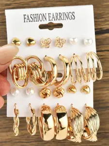MEENAZ Set Of 12 Gold-Plated Heart Shaped Studs