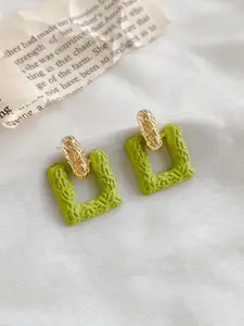 KRENOZ Gold-Plated Geometric Shaped Textured Drop Earrings