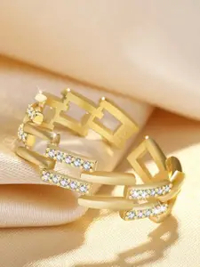 MYKI Ravishing Stainless Steel Gold-Plated Stones-Studded Adjustable Finger Ring