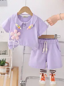 INCLUD Girls Embroidered T-shirt with Shorts And Hairclips Set