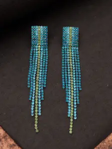 Niscka Silver-Plated Artificial Stones Studded Square Shaped Tasselled Drop Earrings