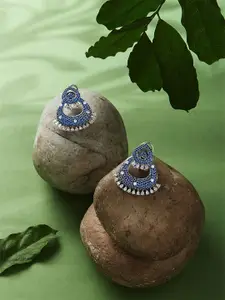 ASMITTA JEWELLERY Rhodium-Plated Blue Sapphire & AD Studded Teardrop Shaped Studs