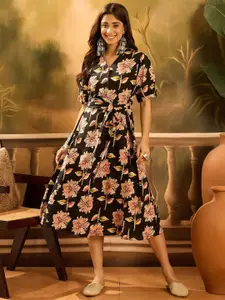 Sangria Women Floral Printed Pure Cotton A-Line Ethnic Dress