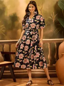 Sangria Women Floral Printed Pure Cotton A-Line Ethnic Dress