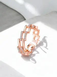 MYKI Ravishing Stainless Steel Rose Gold-Plated Cubic Zirconia Studded Finger Ring