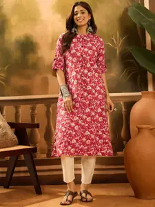 Sangria Floral Printed Mandarin Collar Cotton A-Line kurta
