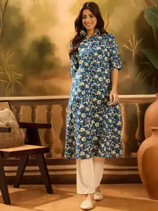 Sangria Floral Printed Mandarin Collar Cotton A-Line kurta