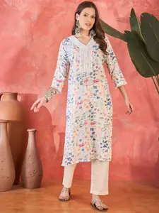 Sangria Floral Printed V-Neck Straight Kurta