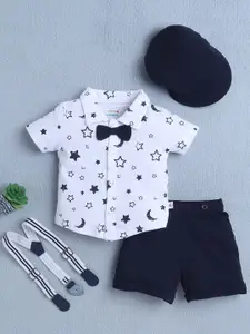 BUMZEE Boys Printed Pure Cotton Shirt with Short Set With Bow Suspender & Cap