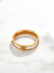 MYKI Striking Stainless Steel Rose Gold-Plated Artificial Stones-Studded Finger Ring