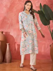Sangria  Floral Printed V-Neck Pure Cotton Straight Kurta