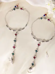 VOJ Set Of 2 Silver-Plated Stainless Steel Artificial Stones Studded Anklet