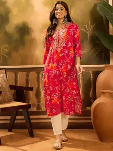 Sangria Floral Printed Round Neck Thread Work Straight Kurta