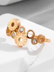 MYKI Elegant Stainless Steel Rose Gold-Plated Artificial Stones-Studded Finger Ring