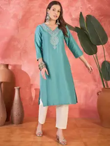 Sangria Floral Yoke Design V-Neck Zari Pure Cotton Straight Kurta