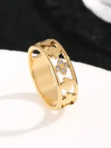 MYKI Radiant Stainless Steel Gold-Plated Artificial Stones-Studded Finger Ring