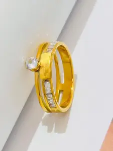 MYKI Exquisite Stainless Steel Gold-Plated Cubic Zirconia Studded Finger Ring