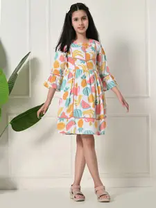 Bella Moda Girl Print Round Neck Bell Sleeve Fit & Flare Dress