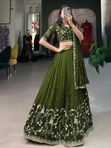 Aika Ethnic Embroidered Thread Work Semi-Stitched Lehenga & Unstitched Blouse With Dupatta