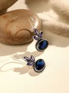 ASMITTA JEWELLERY Silver-Plated Blue Sapphire Stones Studded Floral Oxidised Studs