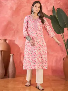 Sangria Floral Printed V-Neck Straight Kurta