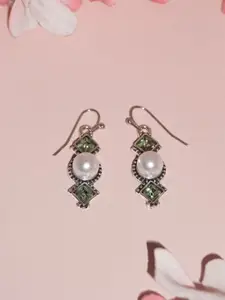 Niscka Silver-Plated Artificial Stones Studded & Beaded Geometric Shaped Drop Earrings