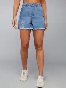DOLCE CRUDO Women Washed Relaxed Fit Ripped Denim Shorts