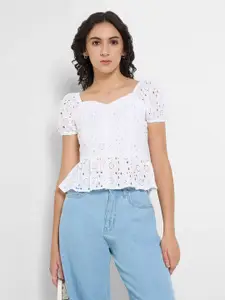 People Sweetheart Neck Schiffli Cotton Peplum Top