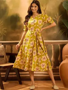 Sangria Women Floral Printed Pure Cotton A-Line Midi Dress