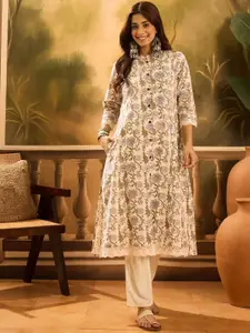 Sangria Floral Printed Mandarin Collar Cotton A-Line kurta