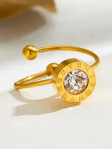 MYKI Gorgeous Stainless Steel Gold-Plated Artificial Stones-Studded Adjustable Finger Ring