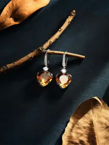 ASMITTA JEWELLERY Rhodium-Plated Topaz AD & CZ Studded Heart shaped Drop Earrings