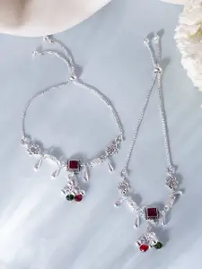 VOJ Set Of 2 Silver-Plated Stainless Steel Artificial Stones Studded And Beaded Anklet