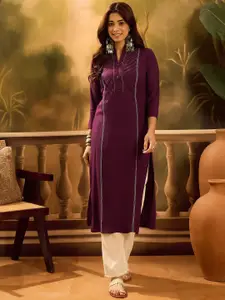 Sangria Pleated Mandarin Collar Straight Kurta