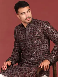 Anouk Geometric Embroidered Chikankari Sequinned Mandarin Collar Pure Cotton Kurta