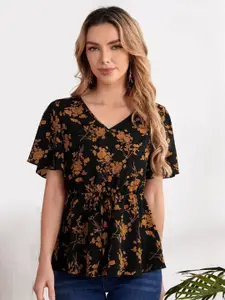 FERY LONDON Women Floral Printed Waist Tie-Ups V-Neck Top